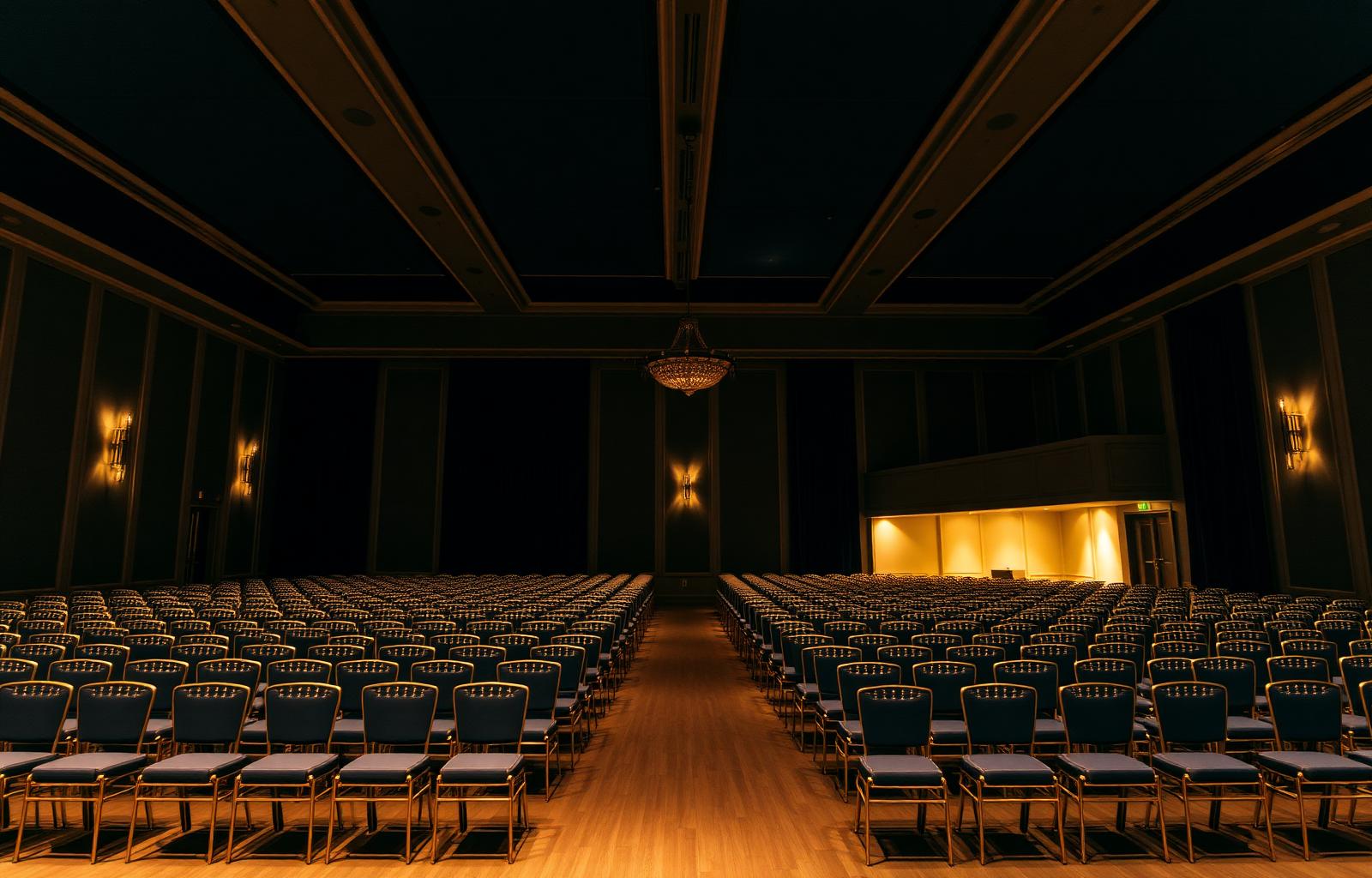 An empty venue lit with soft light